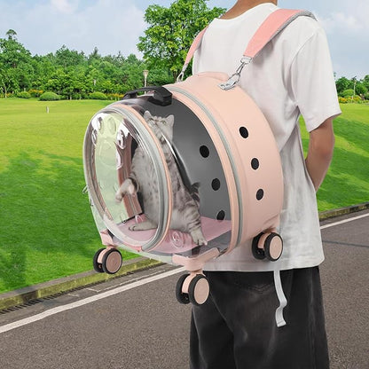 Transparent Bubble Pet Carrier with Wheels, Breathable Cat Dog Travel Carrier with 3-Stage Handle & Removable Strap, Portable Trolley Case with Ventilation for Small Dogs & Cats (Light Pink)