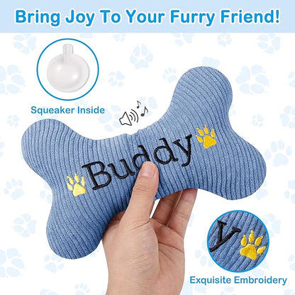 2026 Squeaky Dog Toys, Embroidered Bone Shape Blue Corduroy Pet Pillow 8"x5" with Black "Buddy" Text Cute Soft Cotton Filled Dog Chew Puzzle Toy Birthday Holiday Fun Gifts for Small Medium Large Dogs