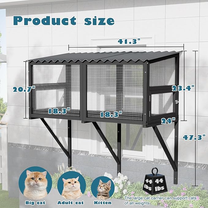 MAGIC UNION Cat Catio, Cat Windows Perch for Large Indoor Cats - Expandable Wooden Windows Box Enclosure, Waterproof Window Hammock for Safely Enjoying The Outdoor Sights (Black, 82.6" L)