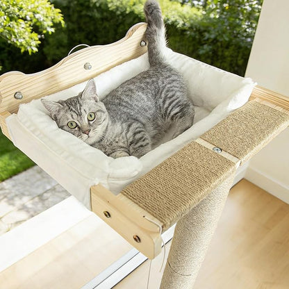 Cat Window Perch with Scratching Post, 46" Adjustable Tall Scratching Posts & Suction Cup – White Rabbit Fur Pad, Multi-Level Perch for Climbing, Bird Watching, Play, Supports 45 lbs (Drilling-Free)