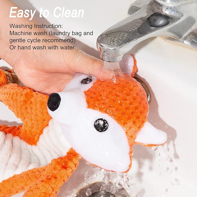 No Stuffing Squeaky Dog Toys Plush Chew Toy for Small Medium Puppy Large Breed, Stuffless Cute Animal Plush Toy for Indoor Play, Tough Durable Teething Interactive Gift, Fox,Red