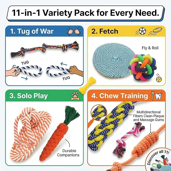 Pack Pet 11 Pack Dog Toys for Puppies, Small Dogs & Medium Dogs, Durable Dog Chew Toys, Interactive Rope Toys for Teething, Puppy Teething Toys for Dental Health, Dog Toys Variety Set for Boredom