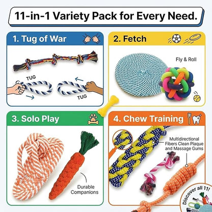 Pack Pet 11 Pack Dog Toys for Puppies, Small Dogs & Medium Dogs, Durable Dog Chew Toys, Interactive Rope Toys for Teething, Puppy Teething Toys for Dental Health, Dog Toys Variety Set for Boredom
