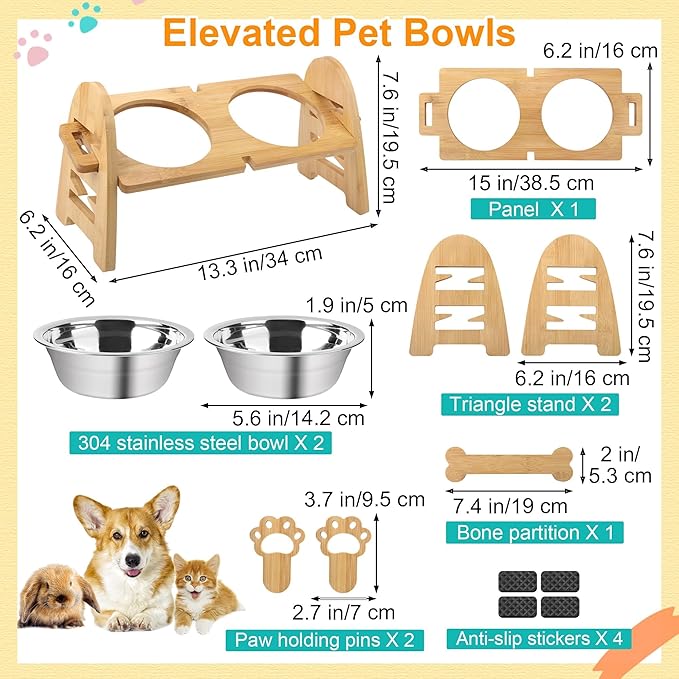 MCEAST Elevated Cat Bowls, Adjustable Raised Dog Bowls Stand with 2 Pieces 304 Stainless Steel Bowls, Bamboo Pet Elevated Bowl Cat Feeder for Newborn Cats Dogs Pets from 4.4 to 11 Pounds
