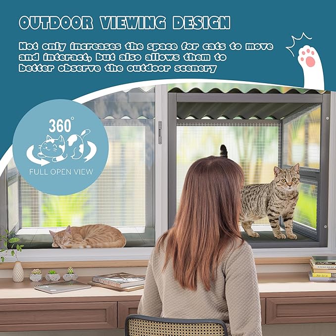 MAGIC UNION Cat Catio, Cat Window Perch for Large Indoor Cats - Expandable Wooden Windows Box Enclosure, Waterproof Window Hammock for Enjoying The Outdoor Sights (Grey, 82.6" L)