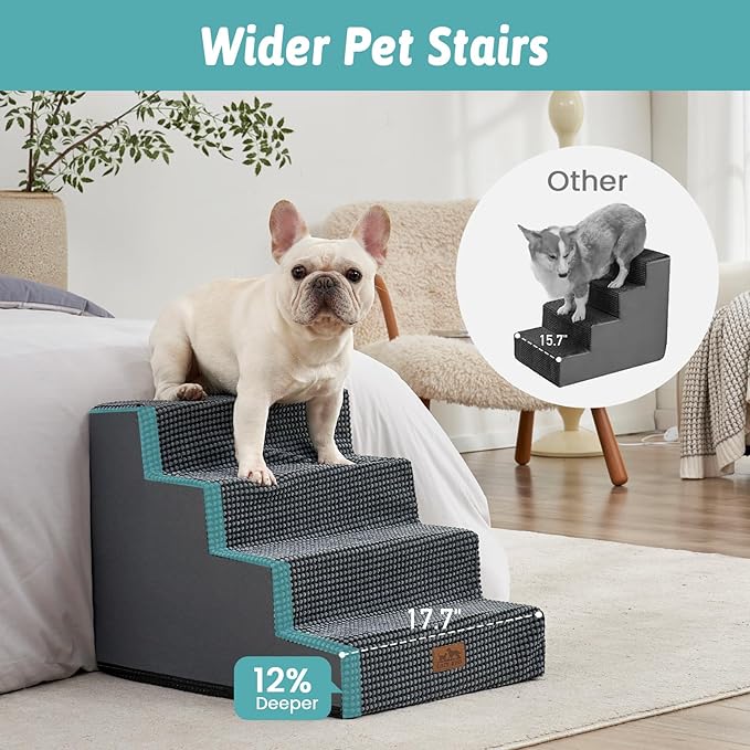 Dog Stairs for Small Dogs, 17.7" Extra Wide Right-Angle Pet Stairs for Couch and Beds, Anti-Slip Dog Steps for Old Cats and Lowrider, 17.7x23.6x17.7 inch, Dark Grey