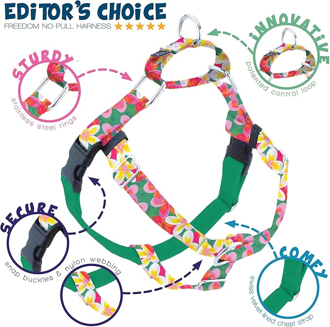 2 Hounds Design - Freedom No-Pull Harness & Training Leash in Green Aloha | Dual Leash Loops, No Pulling on Walks | Lined to Prevent Chaffing | for Small Sized Dogs (Size S, Chest 20”- 24”)