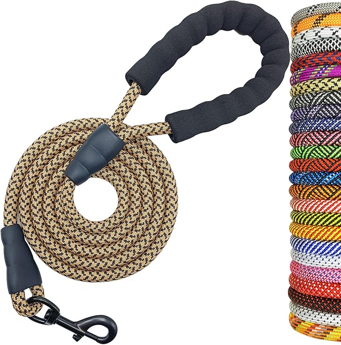 MayPaw Heavy Duty Rope Dog Leash, 3/4/5/6/7/8/10/12/15/20 FT Nylon Pet Leash, Soft Padded Handle Thick Lead Leashes for Large Medium Dogs (Brown, 1/2" * 10')