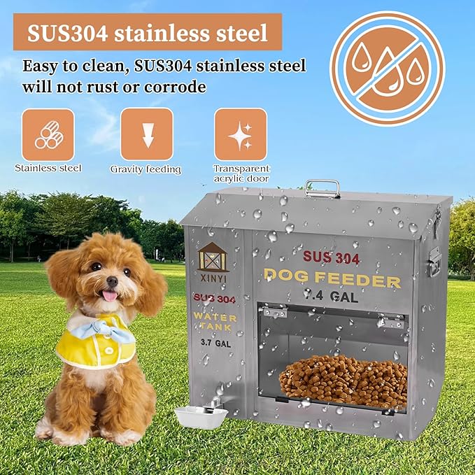 Xinyi Stainless Steel Dog Feeder and Waterer 2-in-1, Gravity Dog Feeder, Aluminum Alloy Water Cup, Automatic Feeder Waterpoof and Sturdy, Transparent Acrylic Observation Window, 7.4 Gallon