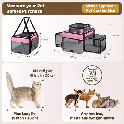 Top and 2 Sides Expandable Cat Carrier 18x11x11, TSA Airline Approved Dog Carriers for Small Dogs, Soft-Sided Pet Carrier with Self-Locking Zippers for Kitten,Rabbit, Puppy, Guinea Pig Pink