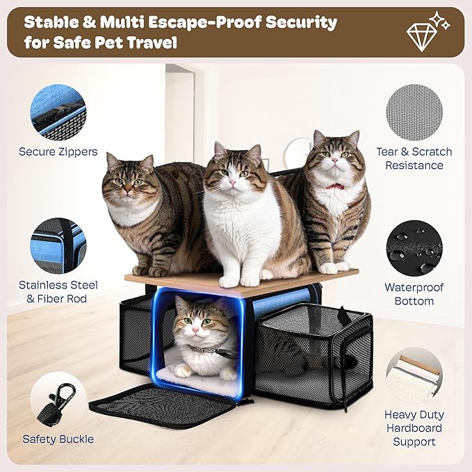 Top and 2 Sides Expandable Pet Carrier 17x11x9.5, TSA Airline Approved Small Dog Carriers for Small Dogs, Soft-Sided Cat Carrier with Self-Locking Zippers for Kitten,Rabbit, Puppy, Guinea Pig Blue