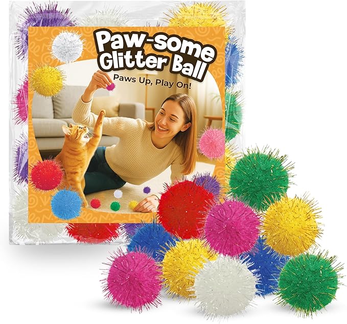 SunGrow Cat Pom Pom Balls, 20 Multi-Colored Shiny Enrichment Tinsel Pom Poms, 1” Tight Woven Yarn, Fuzzy Flash Balls for Indoor Kitten, Assorted Soft Glitter Orbs for Feline's Body and Brain Workout