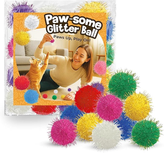 SunGrow Cat Pom Pom Balls, 20 Multi-Colored Shiny Enrichment Tinsel Pom Poms, 1” Tight Woven Yarn, Fuzzy Flash Balls for Indoor Kitten, Assorted Soft Glitter Orbs for Feline's Body and Brain Workout