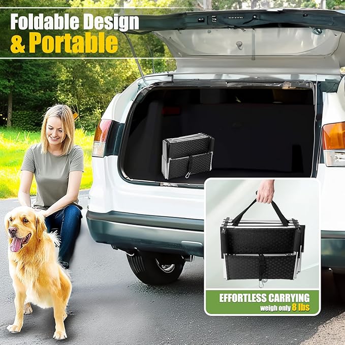 Foldable Dog Stairs with Non-Slip Surface - Portable Aluminum Dog Steps for Trucks, SUVs & Cars - 4 Steps