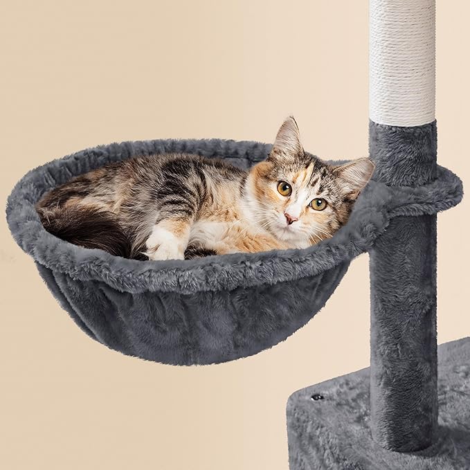Yaheetech 64.5in Extra Large Cat Tree with 2 Perches, 2 Condos, 5 Scratching Posts, Funny Hammock & Basket & Dangling Balls, Multi-Level Cat Tower for Indoor Felines, Dark Gray