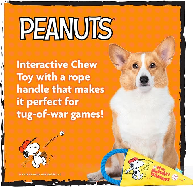 Peanuts for Pets Durable Dog Toy - Athlete Snoopy Flattie Fan Banner with Rope Tug, Squeaker, and Crinkle - Interactive Chew Toys for Small, Medium, Large Dogs and Puppies
