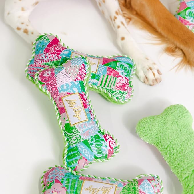 Lilly Pulitzer Dog Chew Toy, Bone Shaped Soft Plush with Fiber Fill, Double-Stitched Durability, Two-Way Squeaker, Embroidered Logo (Crazy Quilt Home)
