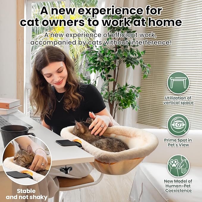 Cat Desk Bed - One-Click Folding,Sunken Design & Space-Saving Semi-Circular Cat Bed, Soft Faux Rabbit Fur Material, Suitable for Various Desktops-Maximum Hold Up to 40lb