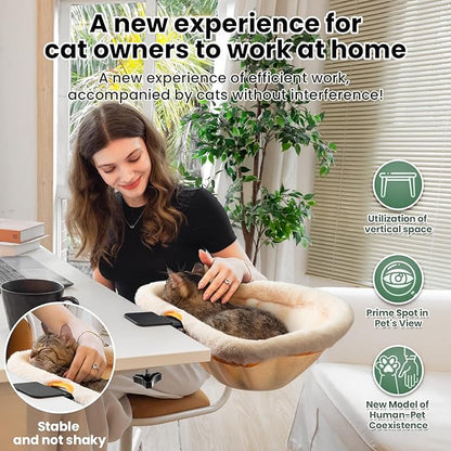 Cat Desk Bed - One-Click Folding,Sunken Design & Space-Saving Semi-Circular Cat Bed, Soft Faux Rabbit Fur Material, Suitable for Various Desktops-Maximum Hold Up to 40lb