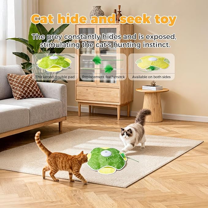 Cat Toys for Bored Indoor Adult Cats, Rechargeable Interactive Cat Toy, 2 in 1 Hide and Seek Cat Toy with Motion Activated, Moving Concealed Feathers, Bored Adult Cats Wand Toy
