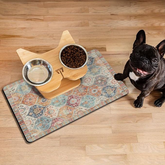 Moroccan Trellis Dog Food & Water Mat, Mexican Talavera Boho Colorful Pet Feeding Mat for Floor Non-Slip Waterproof, Super Absorbent Cat Bowl Mat, Easy to Clean Durable Pet Placemat,12" × 20"