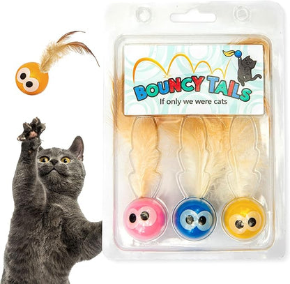 Bouncy Tails 3-Pack Cat Ball Toy with Natural Feathers, Interactive Cat Toys for Bored Indoor Adult Cats, Feather Cat Toy for Indoor Cats and Playful Kittens