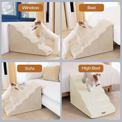 Extra Wide Dog Stairs for Large Dogs Up to 80lbs, 25" Pet Steps for High Bed with Washable Cover, 5-Step Foam Bed & Couch Ladder for Small Medium Dogs & Senior Cat, Beige