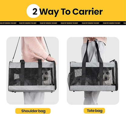 Cat Carrier Airline Approved, Soft-Sided Dog Carrier with Inner Safety Leash, Pet Transport Carrier for Small-Medium Cats Puppies up to 15 Lbs, Collapsible Travel Kitten Carrier Bag -Gray M