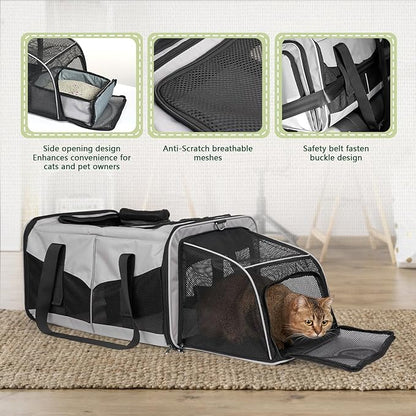 Expandable Cat Carrier for 2 Cats, Double Compartment Large Pet Carrier for Long Distance Car Travel, Includes 2 Portable Litter Boxes, Foldable Multi-Cat Travel for Road Trips & Camping, Gray