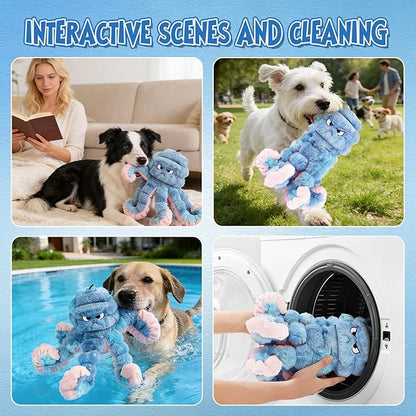 Tough Octopus Dog Toy, Interactive Squeaky & Crinkle Tug of War Toy for Aggressive Chewers, Large Durable Plush Chew Toys to Keep Dogs Busy- Crinkle Octopus, Large (Blue)