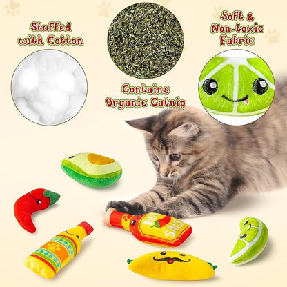 L1rabe Mexican Catnip Stuffed Toys - National Pet Day 6Pcs Cinco de Mayo Carnival Funny Cat Toys for Cat Lovers, Carnival Sause Avocado Indoor Kitten Chew Bite Kick Interactive Pet Supplies Kitten