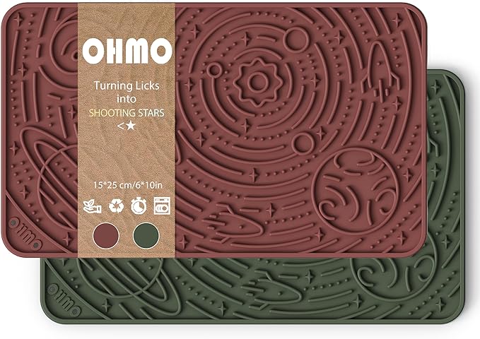 OHMO Lick Mat for Dogs Cats, (Camo Green + Mars, 2pcs, 9.8"×5.9") Galaxy Design Slow Feeder with Suction Cups, Keep Them Busy & Anxiety Relief, Easy Clean Enrichment Accessories