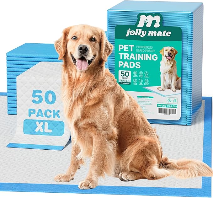 JollyMate 28"x34" Dog Pee Pads Extra Large, 50 Pack X-Large Super Absorbent Pet Pee Pads with Adhesive Tabs, 6 Layers Thick Leak-Proof Potty Pads for Dogs and Puppies