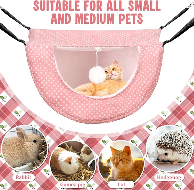 Unittype 4 Pieces Cat Cage Hammock Hanging Pet Bed Double Layer Soft Plush Hanging Pet Comfortable Hammock Bed for Indoor Kitten Ferret Hamster Rabbit or Small Animals, 4 Styles(Pink Dots)