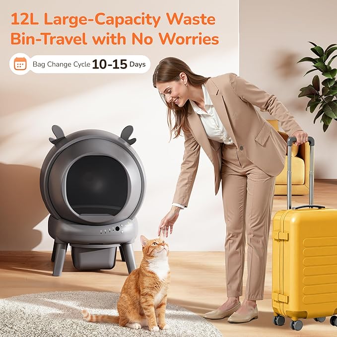 Automatic Self Cleaning Litter Box, Cat Litter Box with APP Control, 65L Globe & Dual Safety Sensors, Robot Litter Box, 1 Roll Garbage Bags and Litter Mat, <35DB, for Multiple Cats, Grey