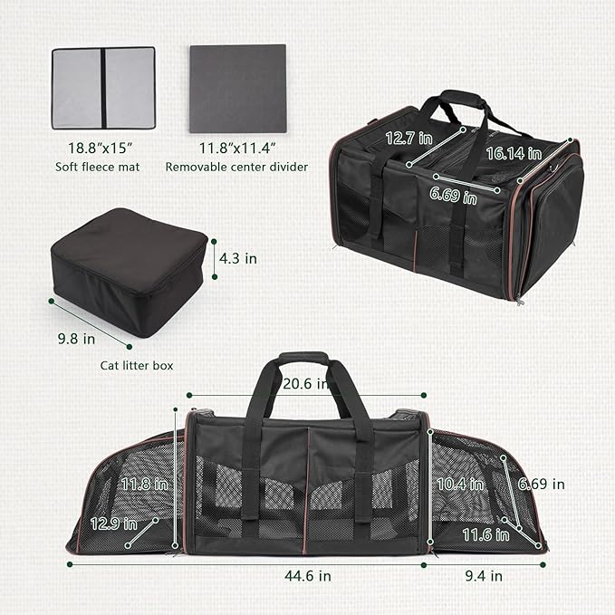 Expandable Cat Carrier for 2 Cats, Double Compartment Large Pet Carrier for Long Distance Car Travel, Includes 2 Portable Litter Boxes, Foldable Multi-Cat Travel for Road Trips & Camping, Black