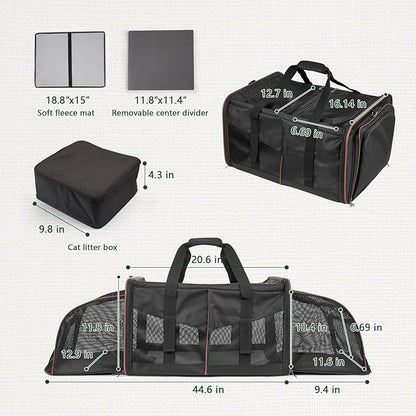 Expandable Cat Carrier for 2 Cats, Double Compartment Large Pet Carrier for Long Distance Car Travel, Includes 2 Portable Litter Boxes, Foldable Multi-Cat Travel for Road Trips & Camping, Black