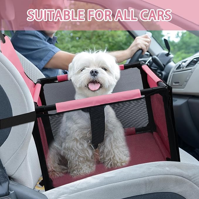 PetsHome Dog Car Seat Foldable Dog Car Booster Seat Waterproof Breathable Oxford Travel Bag for Small to Medium Dogs, Puppies, and Pets-Pure Pink-Upgrade