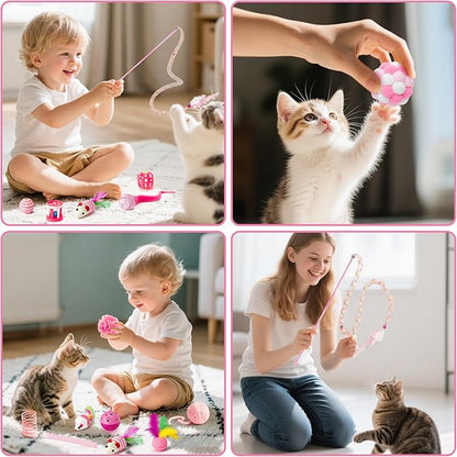 MALLMALL6 Cat Toy Set Interactive Cat Toys 27Pcs Pack Stuff Pink Feather Teaser Wand Springs Mice Sisal Fish Crinkle Balls Bell Balls, Puzzle Pack for Indoor Kitty Play Exercise