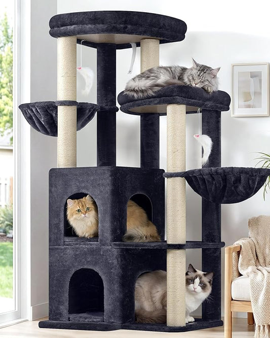 Globlazer Cat Tree Tower for Indoor Cats, Sturdy Adult Cat Tree House for Large Adult Cats with 2 Platform, 6 Cat Scratching Post, 2 Cat Caves, Dangling Toys, S63, 63 inch, Dark Grey