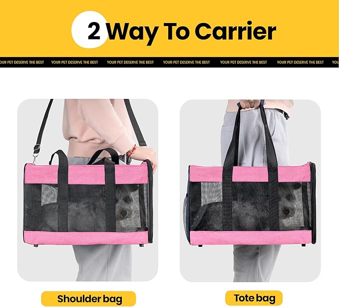 Dog Carrier Soft Sided, Large Cat Carrier with Inner Safety Leash, Pet Transport Carrier for Large Cats and Medium Dogs up to 20 Lbs, Collapsible Travel Puppy Carrier Bag -Pink L