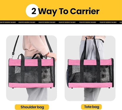 Dog Carrier Soft Sided, Large Cat Carrier with Inner Safety Leash, Pet Transport Carrier for Large Cats and Medium Dogs up to 20 Lbs, Collapsible Travel Puppy Carrier Bag -Pink L