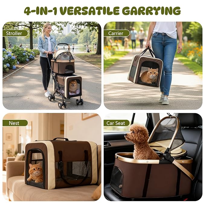 Double Pet Stroller for Dogs and Cats, One-Step Folding Dog Stroller Travel Carriage for Small Medium Dogs Cats, 2 Detachable Carrier Bags, 4 Lockable Wheels (Brown)