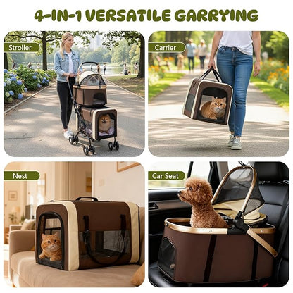 Double Pet Stroller for Dogs and Cats, One-Step Folding Dog Stroller Travel Carriage for Small Medium Dogs Cats, 2 Detachable Carrier Bags, 4 Lockable Wheels (Brown)