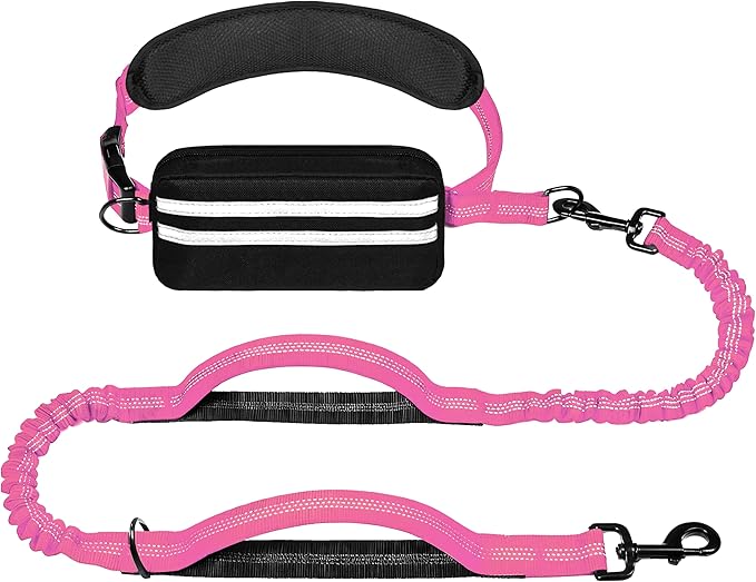 Hands Free Dog Leash with Zipper Pouch, Running Waist Leash for Dog Walking, Adjustable Waist Belt for Large Dogs, Reflective Bungee Design with Two Handle for Hiking, Training, Pink