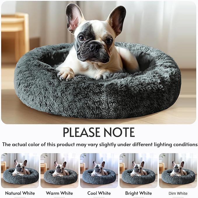 JOLLYVOGUE Calming Dog Beds Large Sized Dog, 36in Donut Washable Large Pet Bed, Anti-Slip & Anti-Anxiety Fluffy Faux Fur Round Dogs Bed, Fits up to 80 lbs Pets (Navy Grey)