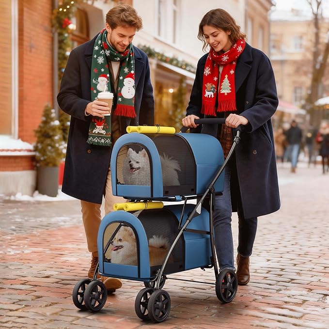 Magshion Double Dog Stroller with 2 Detachable Carrier Bags, 4-Wheel Folding Pet Travel Strolling Cart with Storage Pocket for Small-Medium Dogs & Cats Puppy, Navy Blue/Yellow