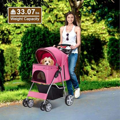 Pet Stroller, 4 Wheels Pet Strolling Cart for Medium/Small Dogs and Cats, Foldable Cat Jogger/Dog Stroller with Cup Holder, Storage Basket, Breathable Mesh, All-Season Pet Carrier, Pink