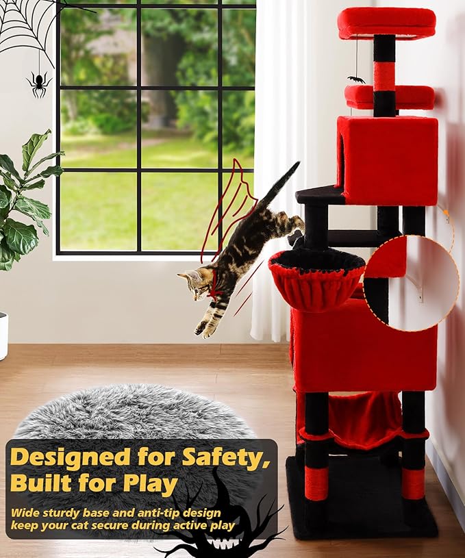 AMHANCIBLE Gothic Cat Tree, 70 Inch Tall Cat Tower for Indoor Cats, Multi-Level Cat Tree with Scratching Post, Hammock, Hanging Basket, Large Cat Condos for Adult Cats Kittens, Black Red, PT18RD