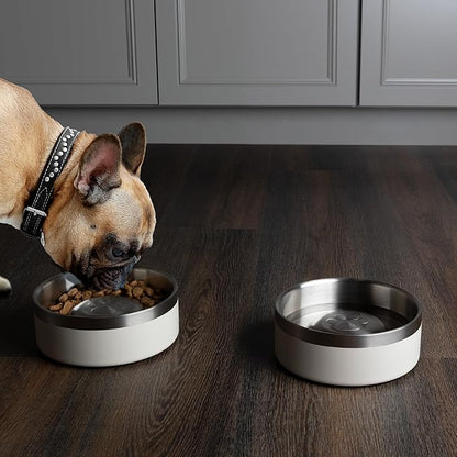 Set of 2 Stainless Steel Slow Feeder Dog Bowls - 30oz or 3.75 Cups Double Wall Insulated Food and Water Bowls for Dogs - Non Slip Metal Pet Dishes for Small-Medium Sized Pets PETMAKER (Cream)